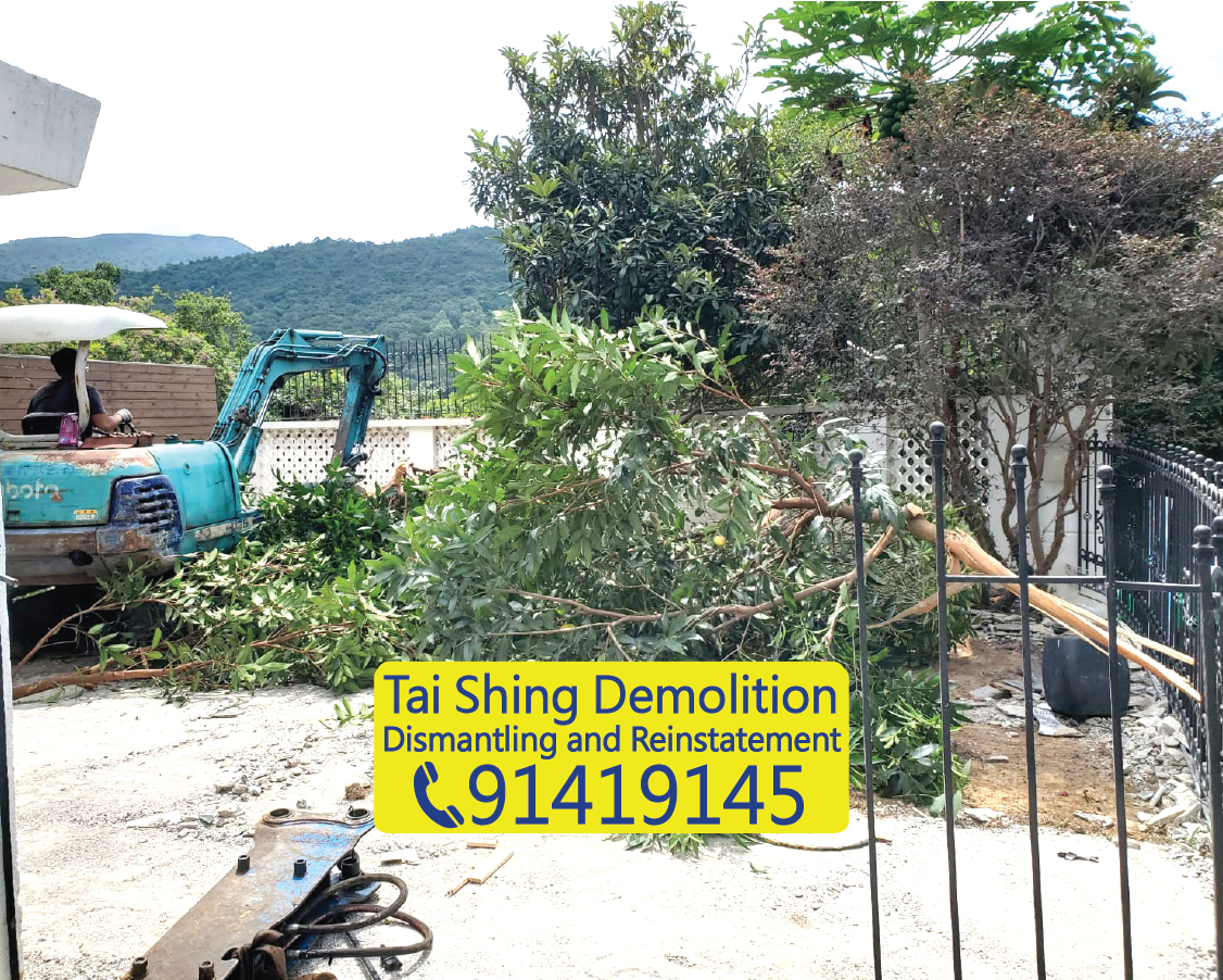Pre-excavation site clearance for villa garden pond, concrete and construction debris sorting by Tai Shing Demolition