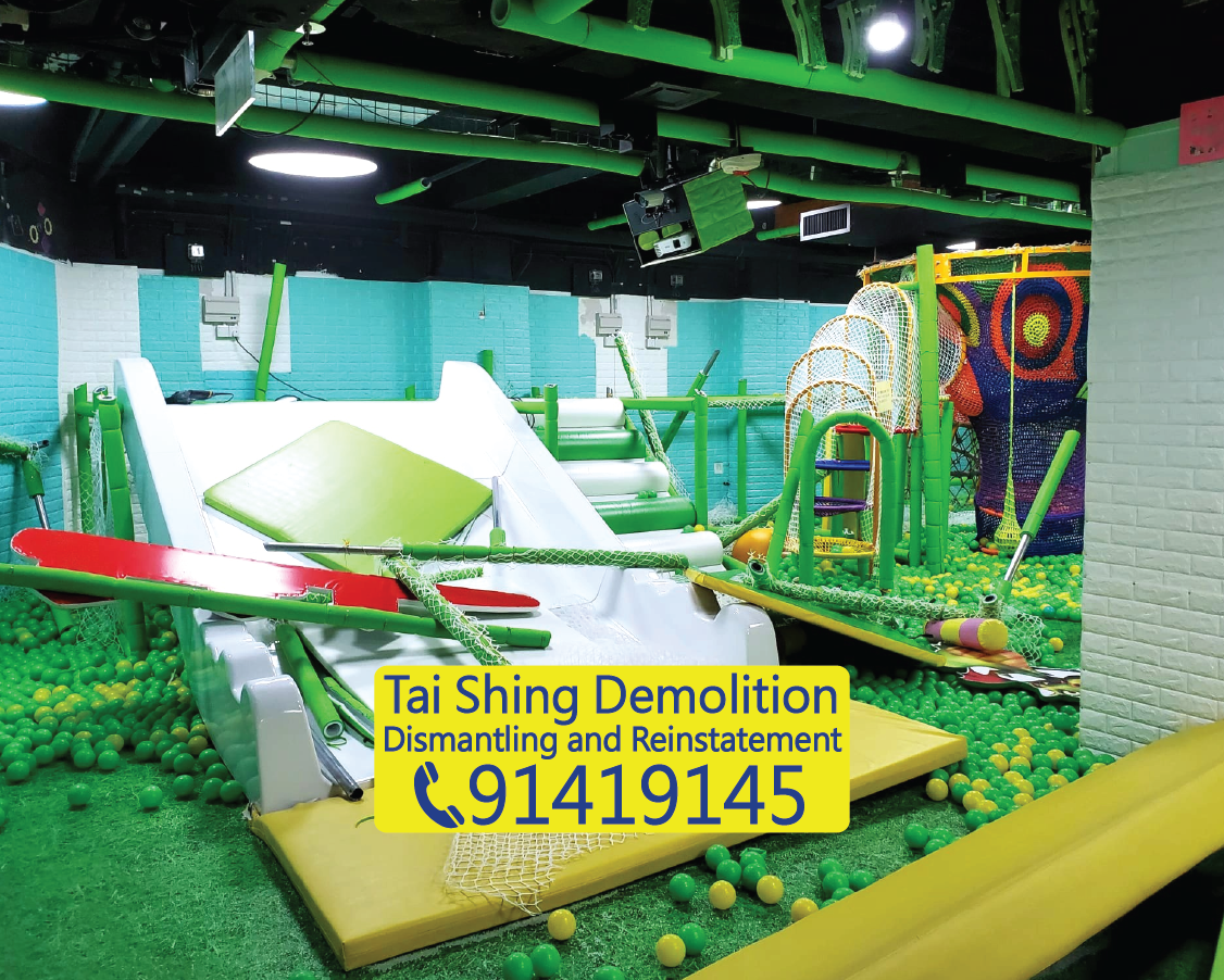 Indoor children's playground clearance, mall playground facility dismantling, slide and ball pit removal, shop reinstatement and handover